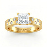 Yellow Gold Princess Diamond Scattered Engagement Ring With Flush Set Accent Band