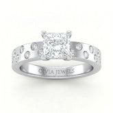 Silver Princess Diamond Scattered Engagement Ring With Flush Set Accent Band