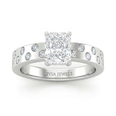 Silver Radiant Diamond Scattered Engagement Ring With Flush Set Accent Band