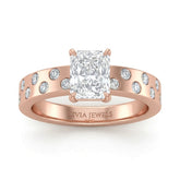 Rose Gold Radiant Diamond Scattered Engagement Ring With Flush Set Accent Band