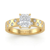 Yellow Gold Radiant Diamond Scattered Engagement Ring With Flush Set Accent Band