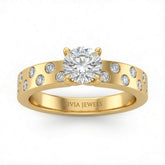Yellow Gold Round Diamond Scattered Engagement Ring With Flush Set Accent Band