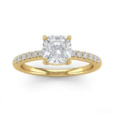 Yellow Gold Cushion Diamond Solitaire Engagement Ring With Classic Pave Band