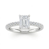 Silver Emerald Diamond Solitaire Engagement Ring With Graduated Pave Band