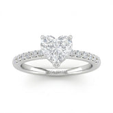White Gold Heart Diamond Solitaire Engagement Ring With Classic Pave Band