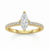 Yellow Gold Marquise Diamond Solitaire Engagement Ring With Classic Pave Band