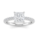 Silver Princess Diamond Solitaire Engagement Ring With Classic Pave Band