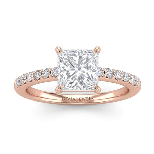 Rose Gold Princess Diamond Solitaire Engagement Ring With Classic Pave Band
