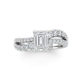 Silver Emerald Diamond Bypass Engagement Ring With Split Pave Twist Band