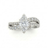 Silver Marquise Diamond Bypass Engagement Ring With Split Pave Twist Band