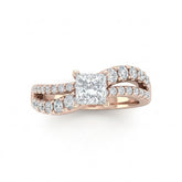Rose Gold Princess Diamond Bypass Engagement Ring With Split Pave Twist Band