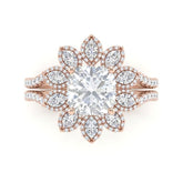 Rose Gold Cushion Floral Diamond Halo Engagement Ring With Split Pave Shank