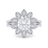 White Gold Cushion Floral Diamond Halo Engagement Ring With Split Pave Shank