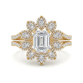 Yellow Gold Emerald Floral Diamond Halo Engagement Ring With Split Pave Shank
