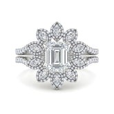 Silver Emerald Floral Diamond Halo Engagement Ring With Split Pave Shank