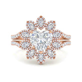 Rose Gold Heart Floral Diamond Halo Engagement Ring With Split Pave Shank