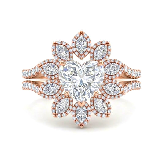 Rose Gold Heart Floral Diamond Halo Engagement Ring With Split Pave Shank