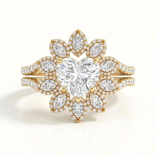 Yellow Gold Heart Floral Diamond Halo Engagement Ring With Split Pave Shank