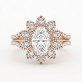 Rose Gold Marquise Floral Diamond Halo Engagement Ring With Split Pave Shank