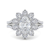 Silver Marquise Floral Diamond Halo Engagement Ring With Split Pave Shank