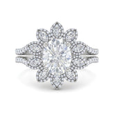 Silver Oval Floral Diamond Halo Engagement Ring With Split Pave Shank