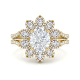 Yellow Gold Oval Floral Diamond Halo Engagement Ring With Split Pave Shank