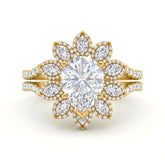 Yellow Gold Pear Floral Diamond Halo Engagement Ring With Split Pave Shank