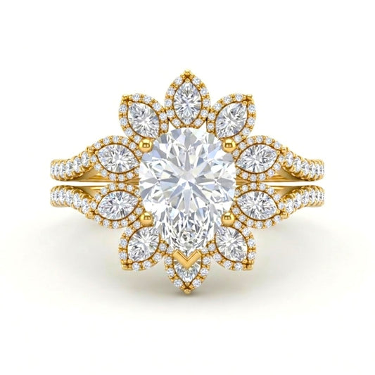 Yellow Gold Pear Floral Diamond Halo Engagement Ring With Split Pave Shank