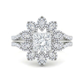 Silver Princess Floral Diamond Halo Engagement Ring With Split Pave Shank
