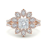 Rose Gold Princess Floral Diamond Halo Engagement Ring With Split Pave Shank