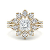 Yellow Gold Princess Floral Diamond Halo Engagement Ring With Split Pave Shank