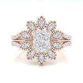 Rose Gold Radiant Floral Diamond Halo Engagement Ring With Split Pave Shank