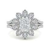 White Gold Radiant Floral Diamond Halo Engagement Ring With Split Pave Shank