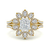Yellow Gold Radiant Floral Diamond Halo Engagement Ring With Split Pave Shank
