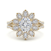 Yellow Gold Round Floral Diamond Halo Engagement Ring With Split Pave Shank
