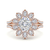 Rose Gold Round Floral Diamond Halo Engagement Ring With Split Pave Shank