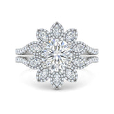 Silver Round Floral Diamond Halo Engagement Ring With Split Pave Shank