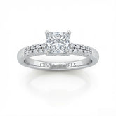 Silver Princess Diamond Engagement Ring With Double Pavé Accent Band