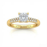 Yellow Gold Princess Diamond Engagement Ring With Double Pavé Accent Band