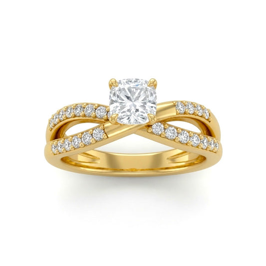 Yellow Gold Cushion Diamond Bypass Engagement Ring With Pavé Crossover Band