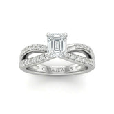 Silver Emerald Diamond Bypass Engagement Ring With Pavé Crossover Band