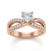 Rose Gold Heart Diamond Bypass Engagement Ring With Pavé Crossover Band