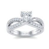 Silver Heart Diamond Bypass Engagement Ring With Pavé Crossover Band