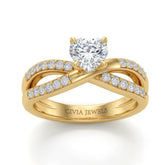 Yellow Gold Heart Diamond Bypass Engagement Ring With Pavé Crossover Band