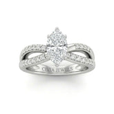 Silver Marquise Diamond Bypass Engagement Ring With Pavé Crossover Band