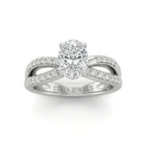 White Gold Oval Diamond Bypass Engagement Ring With Pavé Crossover Band