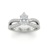 Silver Pear Diamond Bypass Engagement Ring With Pavé Crossover Band