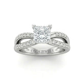 Silver Princess Diamond Bypass Engagement Ring With Pavé Crossover Band