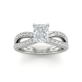 White Gold Radiant Diamond Bypass Engagement Ring With Pavé Crossover Band