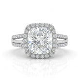 Silver Cushion Cut Diamond Halo Engagement Ring With Split Pave Shank